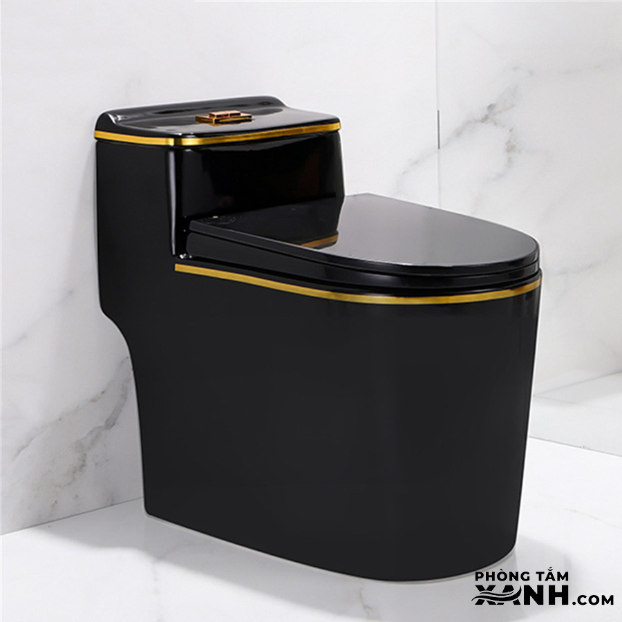 Bồn Cầu 1 Khối Đen Viền Vàng BC-118