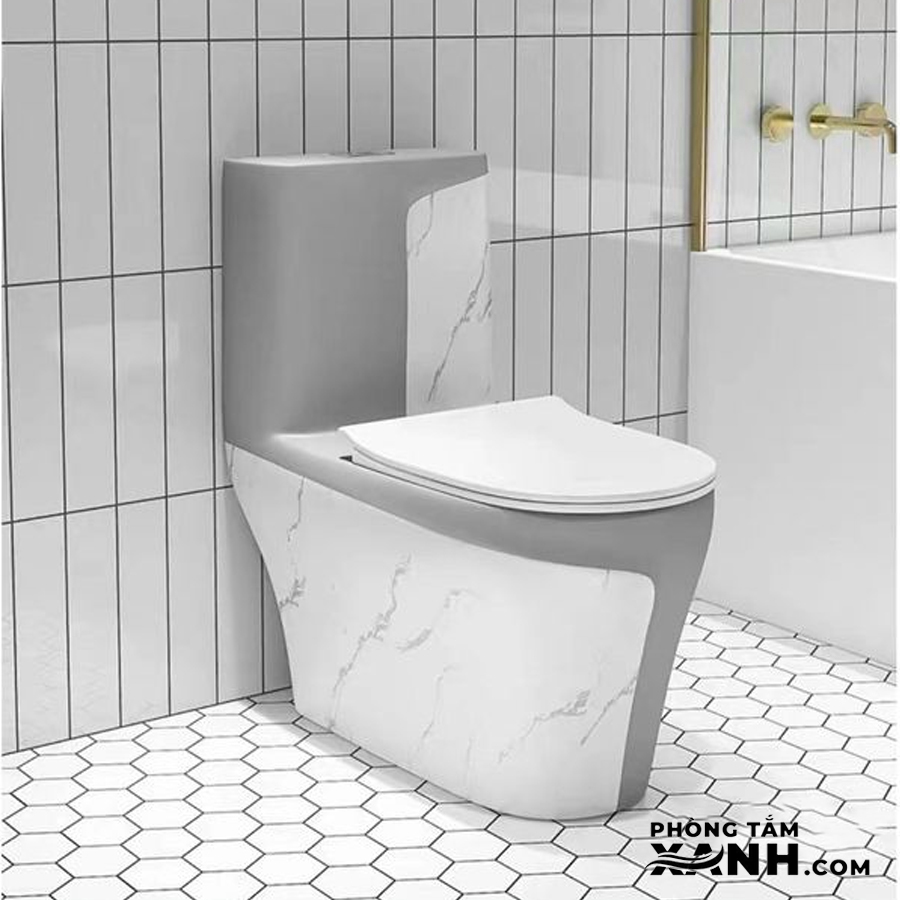 Bồn Cầu 1 Khối Trắng Xám Vân Đá BC-109
