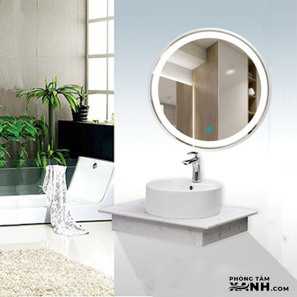 Bàn Đá 1 Tầng Gương LED Tròn Cảm Ứng Viền Trắng Cao Cấp BĐ23