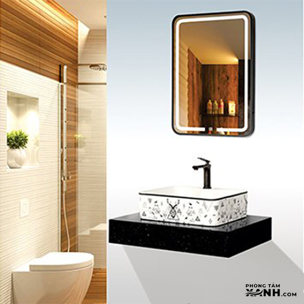 Bàn Đá 1 Tầng Gương LED Cảm Ứng Đứng Viền Đen Cao Cấp BĐ19