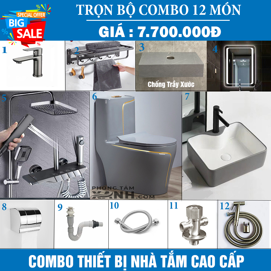 Combo Trọn Bộ Nhà Tắm 12 Món Nóng Lạnh Xám CB36