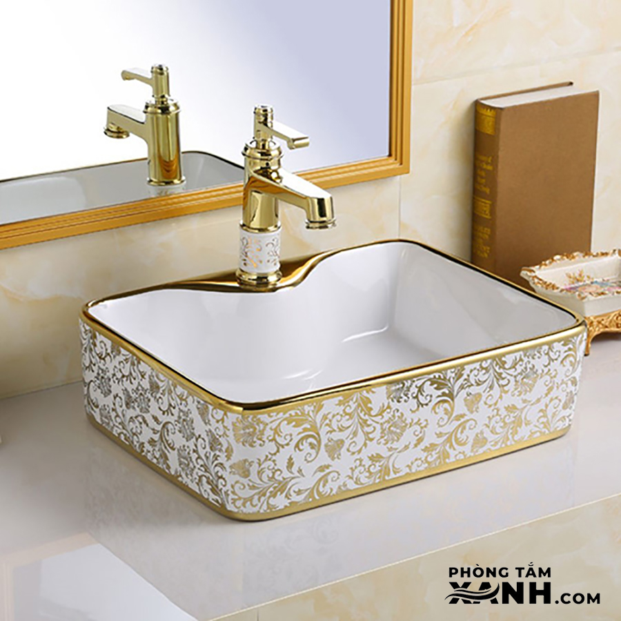 Lavabo Đặt Bàn Vuông Hoa Văn Vàng LA-10