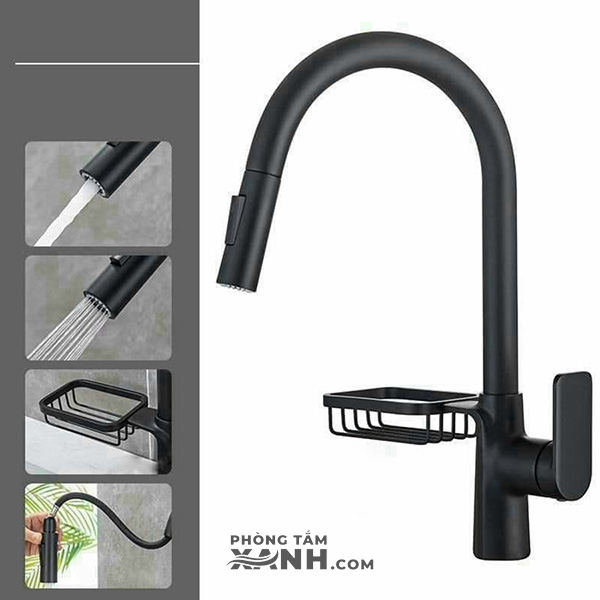 Vòi Rửa Chén Nóng Lạnh Dây Rút Inox 304 Đen VC-6341