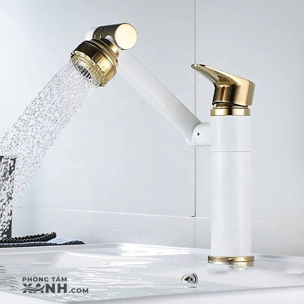 Vòi Lavabo Nóng Lạnh Trắng Vàng Cổ Xoay 720 Độ T-264