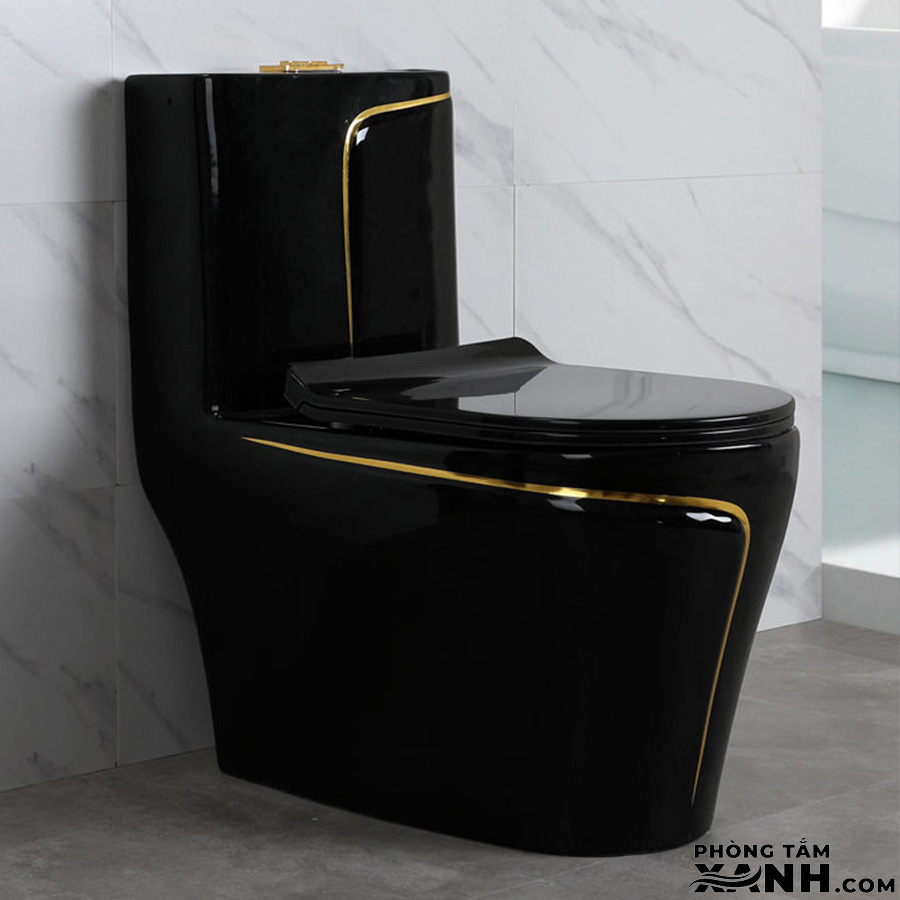Bồn Cầu 1 Khối Đen Viền Vàng BC-103