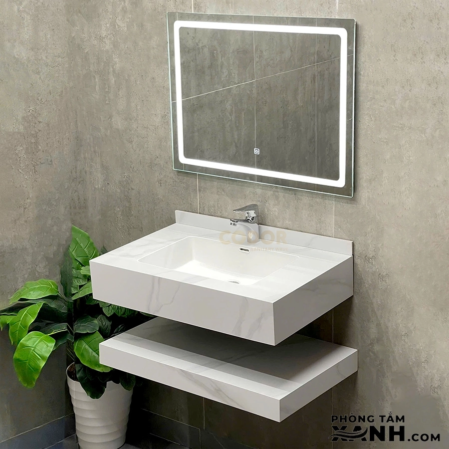 Bàn Đá Lavabo 2 Tầng Trắng Nhám Tràn Viền Vuông