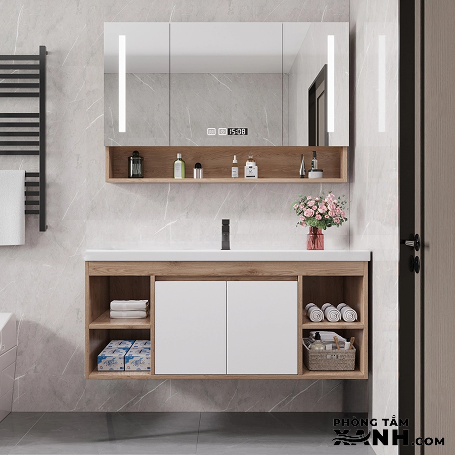 Tủ Lavabo Phòng Tắm Nhựa PVC Thông Minh Vân Gỗ 100cm