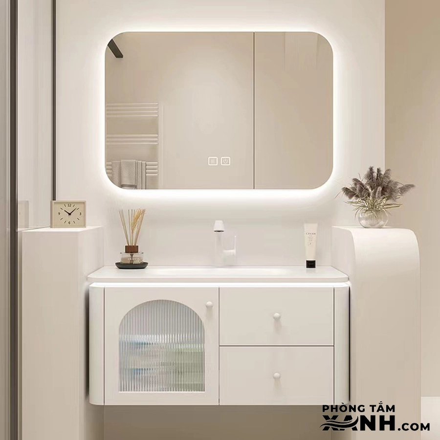 Tủ Lavabo Phòng Tắm Nhựa PVC Thông Minh Gương LED Màu Trắng 80cm