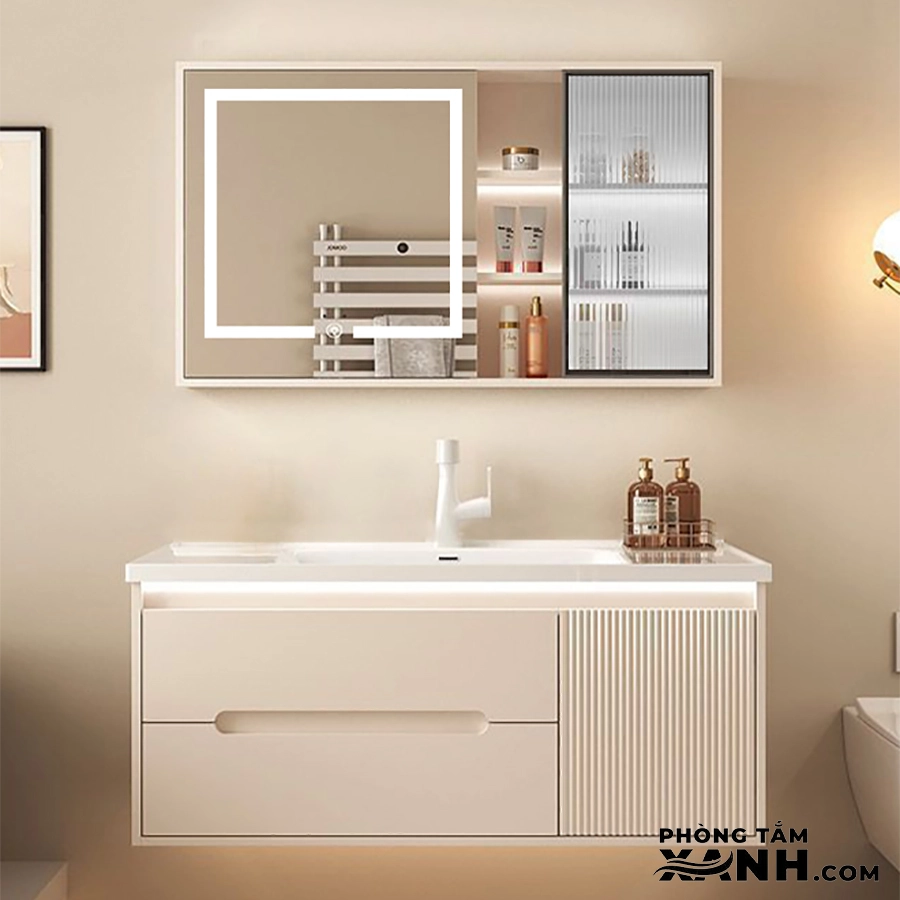 Tủ Lavabo Phòng Tắm Tắm Thông Minh Nhựa PVC Màu Vàng Kem 80cm