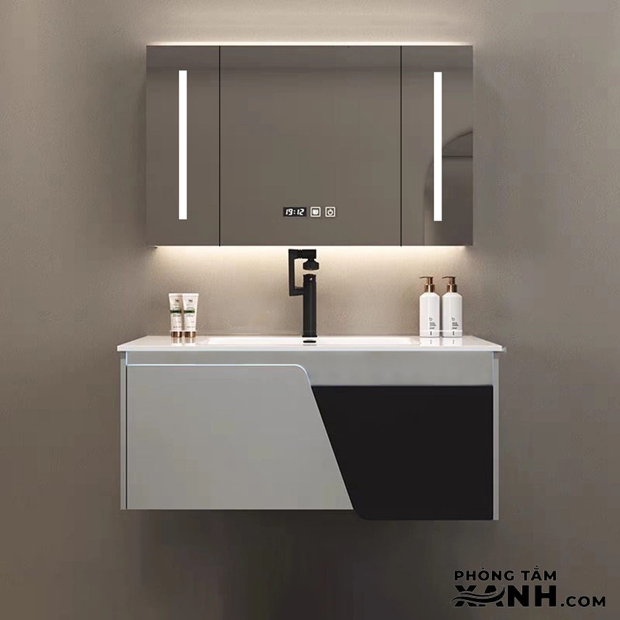 Tủ Lavabo Phòng Tắm Thông Minh Nhựa PVC Trắng Đen 80cm