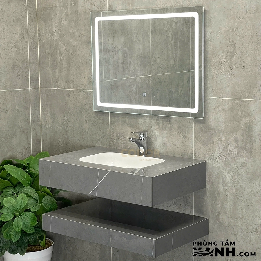 Bàn Đá Lavabo 2 Tầng Xám Bóng Tràn Viền Bầu