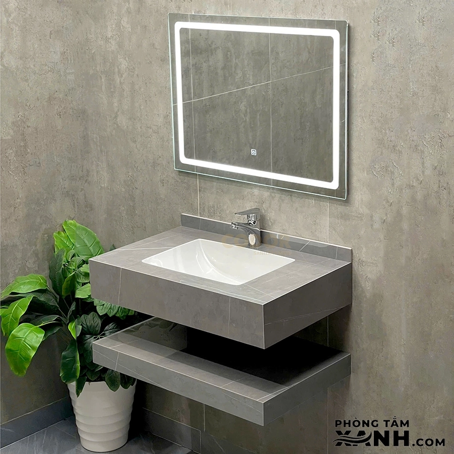 Bàn Đá Lavabo 2 Tầng Xám Bóng Tràn Viền Vuông