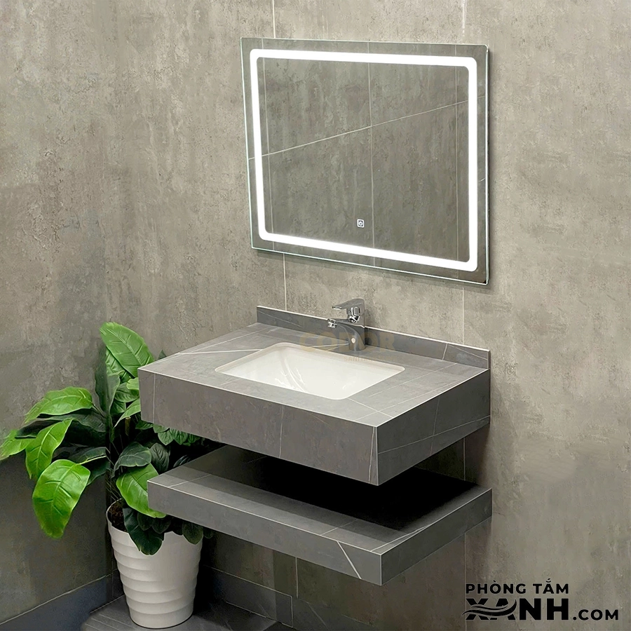 Bàn Đá Lavabo 2 Tầng Xám Nhám Âm Vuông