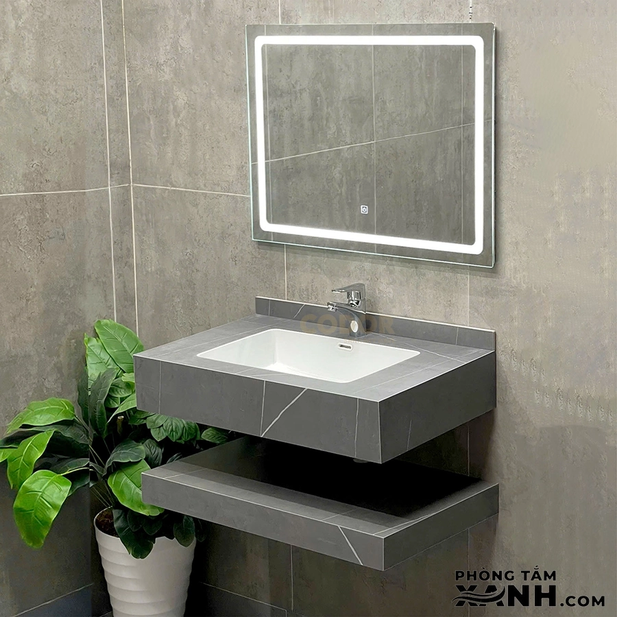 Bàn Đá Lavabo 2 Tầng Xám Nhám Tràn Viền Vuông