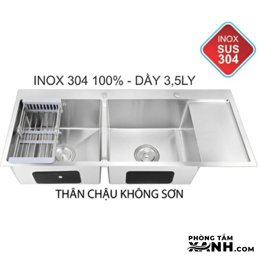 Chậu Rửa Chén 2 Hộc Inox 304 Thân Chậu Không Sơn C47KS