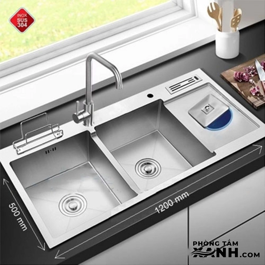 Chậu Rửa Chén 2 Hộc Đa Năng Inox 304 | 120 x 50cm C55IN