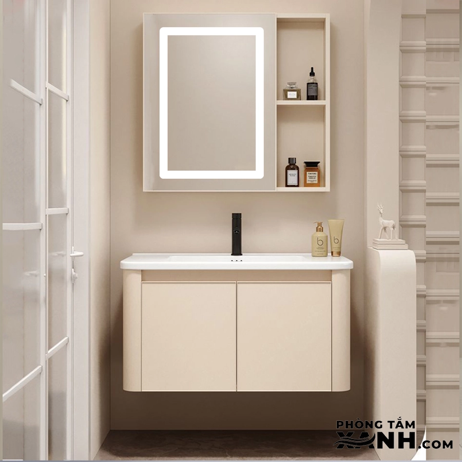 Tủ Lavabo Nhà Tắm Nhôm Gương LED Màu Kem 60cm TN 7657-LED