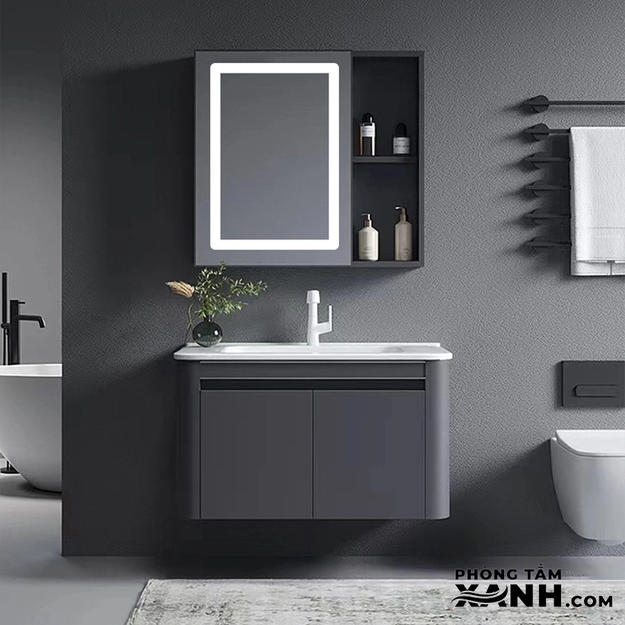 Tủ Lavabo Nhà Tắm Nhôm Gương LED Màu Ghi TN 7678Đ-LED