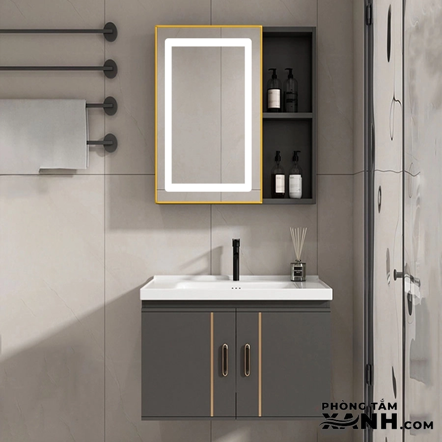 Tủ Lavabo Nhà Tắm Gương LED Xám Viền Vàng 60cm TN 7658-LED