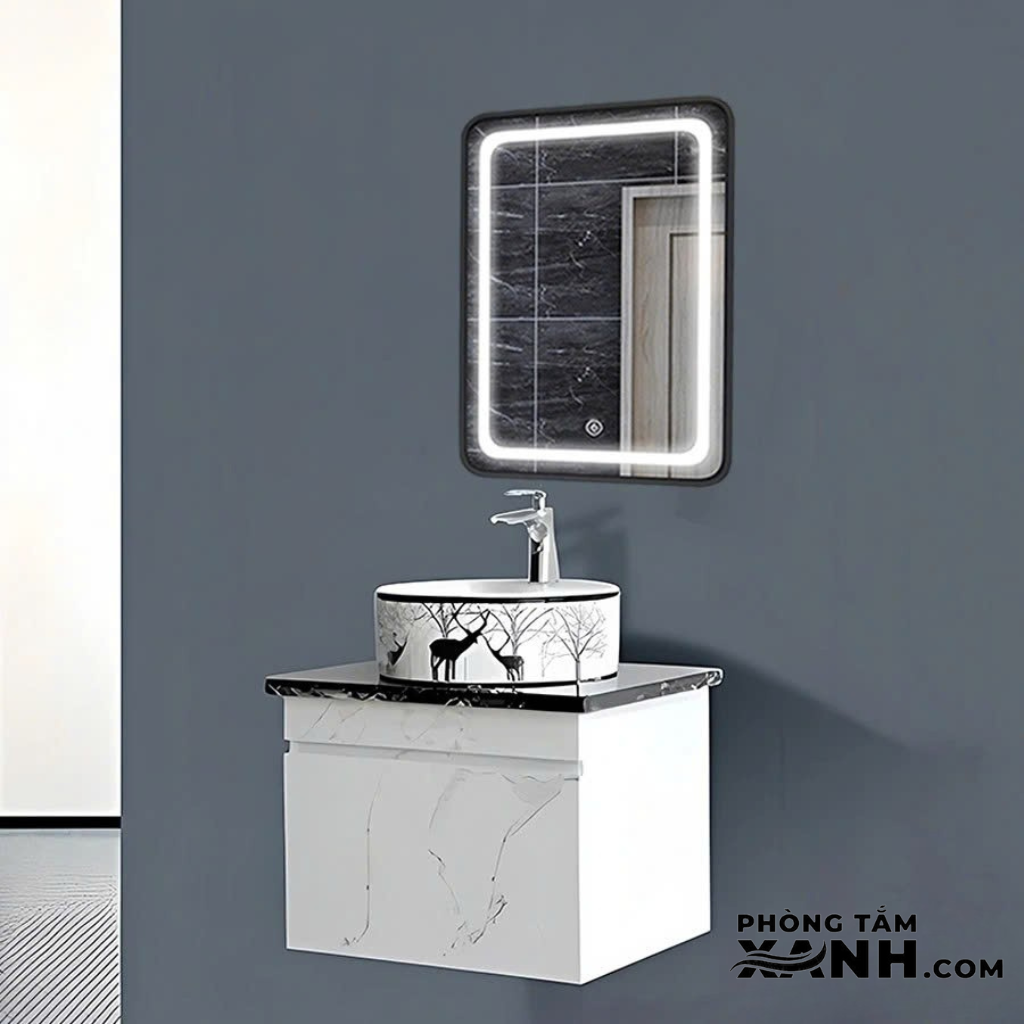 Tủ Lavabo Nhà Tắm Nhựa PVC Màu Trắng Gương Led 60cm